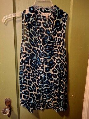 DECREE WOMENS SM TURQUOISE & BLACK ANIMAL PRINT SLEEVELESS BLOUSE EX